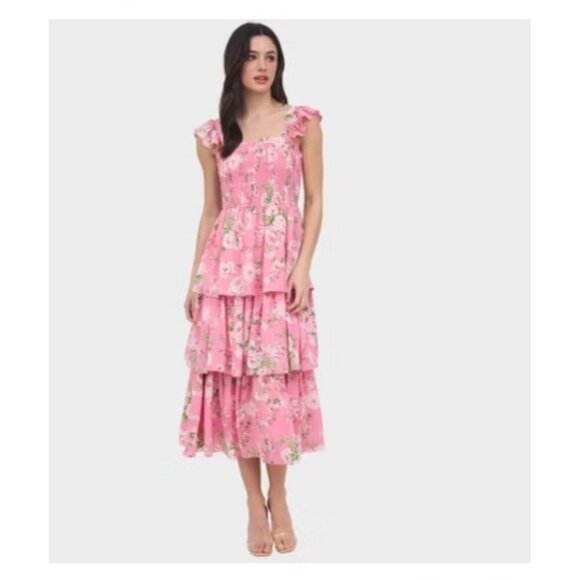 August Sky Women’s Smocked Midi Dress Pink Floral Tiered Ruffle Sleeveless L - Picture 1 of 10